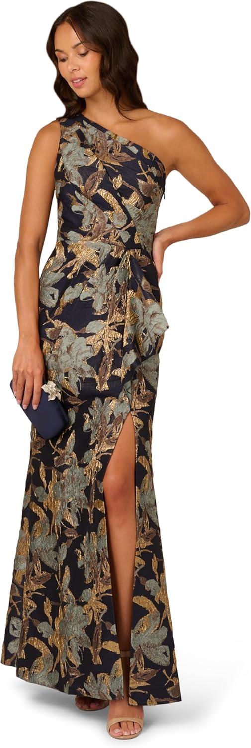 imageAdrianna Papell Womens One Shoulder Jacquard DressBlueGold
