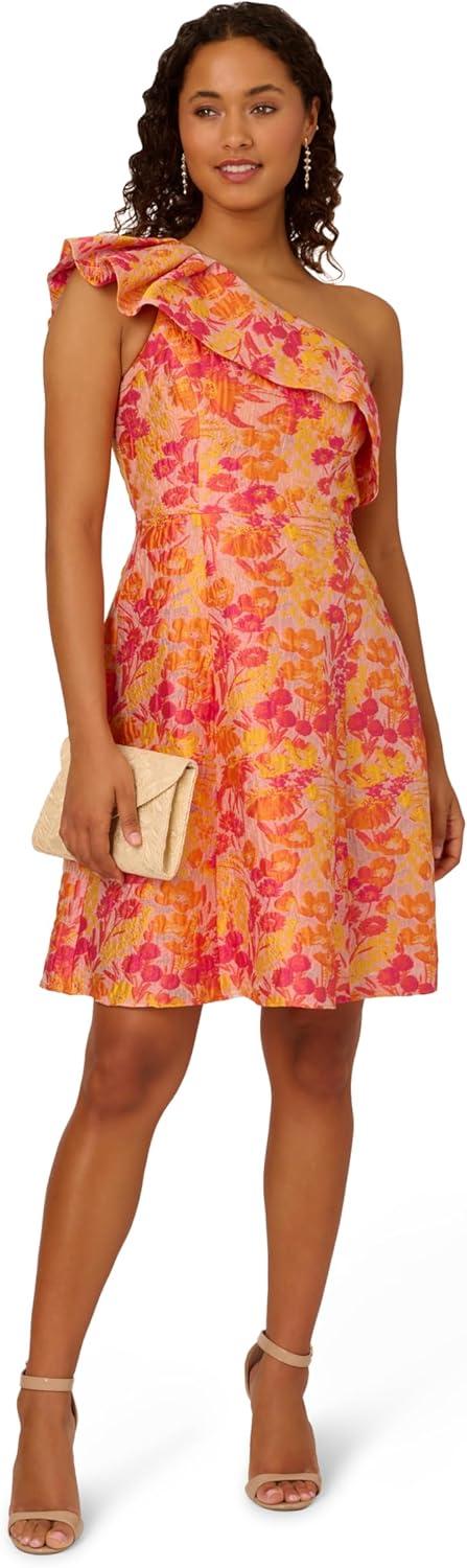 imageAdrianna Papell Womens One Shoulder Jacquard DressOrange Multi