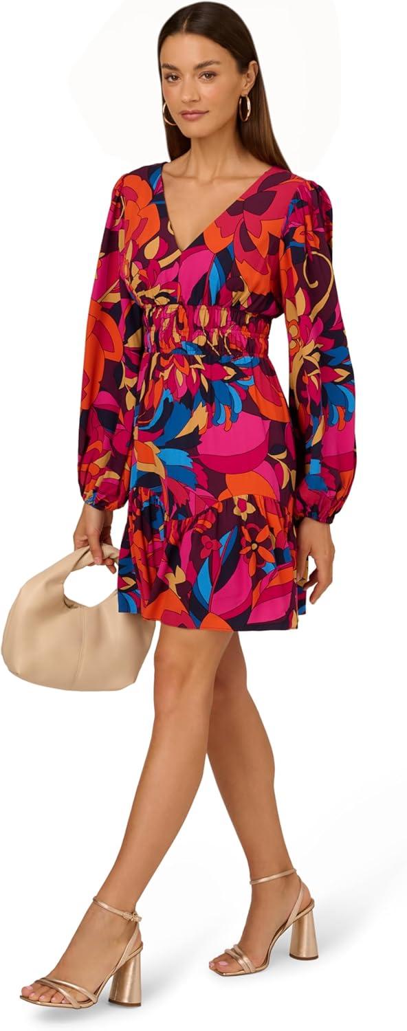 imageAdrianna Papell Womens Printed Short Flounce DressBerry Multi