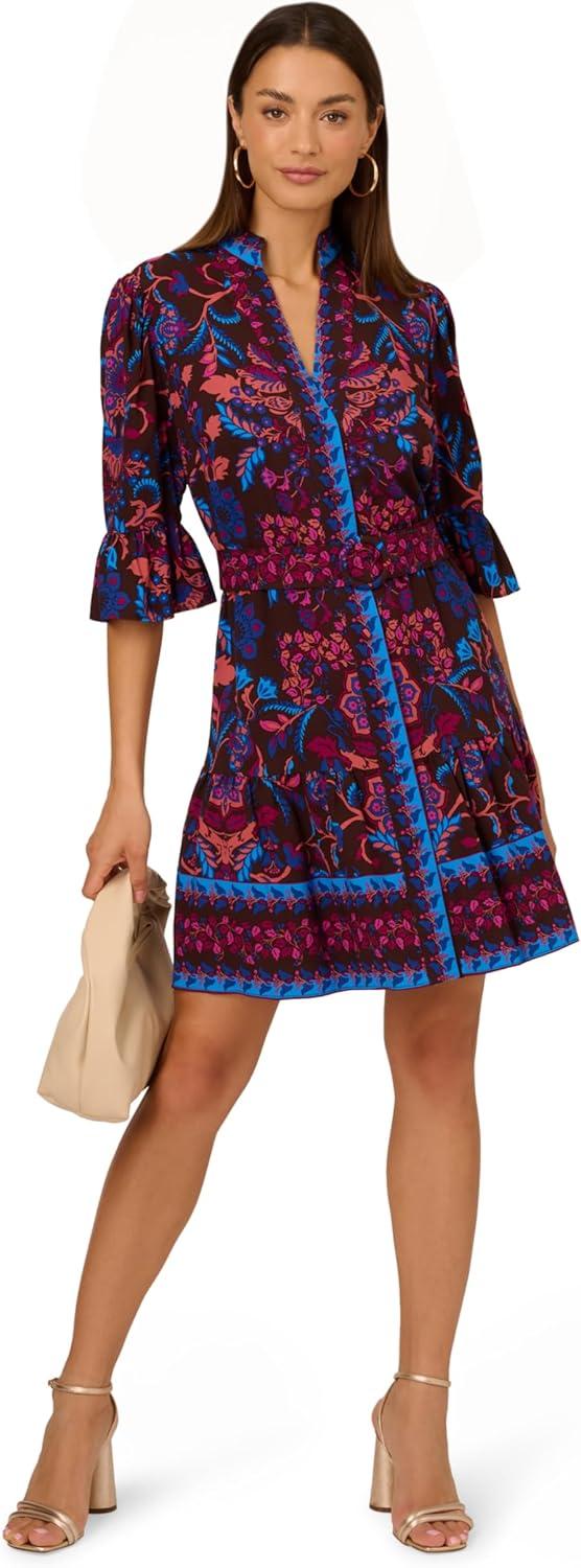 imageAdrianna Papell Womens Printed Short Flounce DressBrown Multi