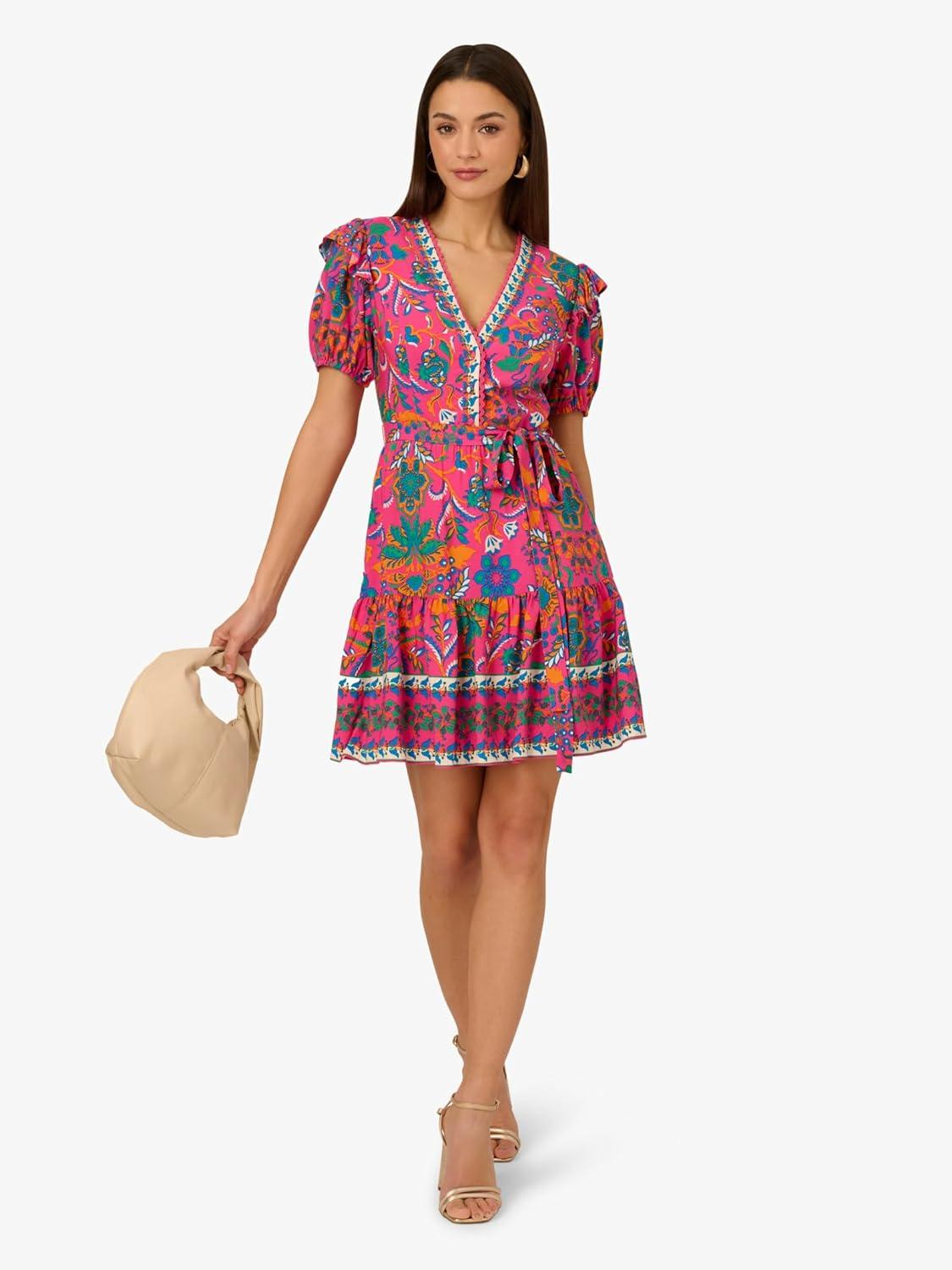 imageAdrianna Papell Womens Printed Short Flounce DressHot PinkMulti