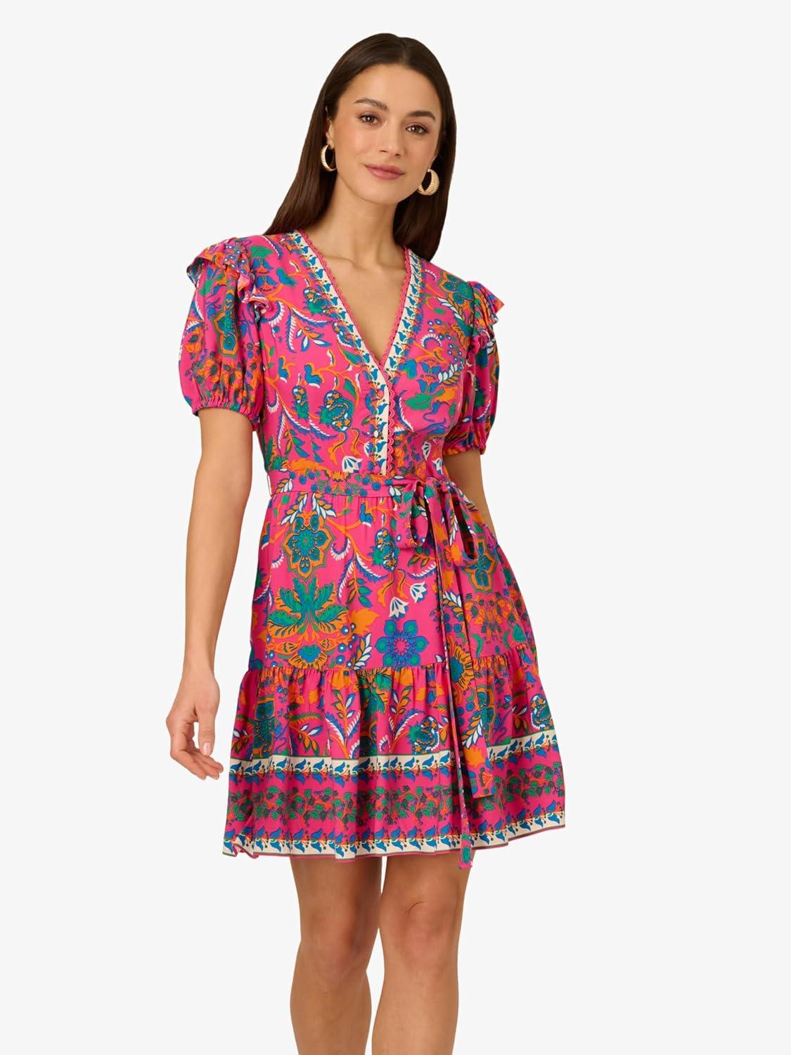 imageAdrianna Papell Womens Printed Short Flounce DressHot PinkMulti