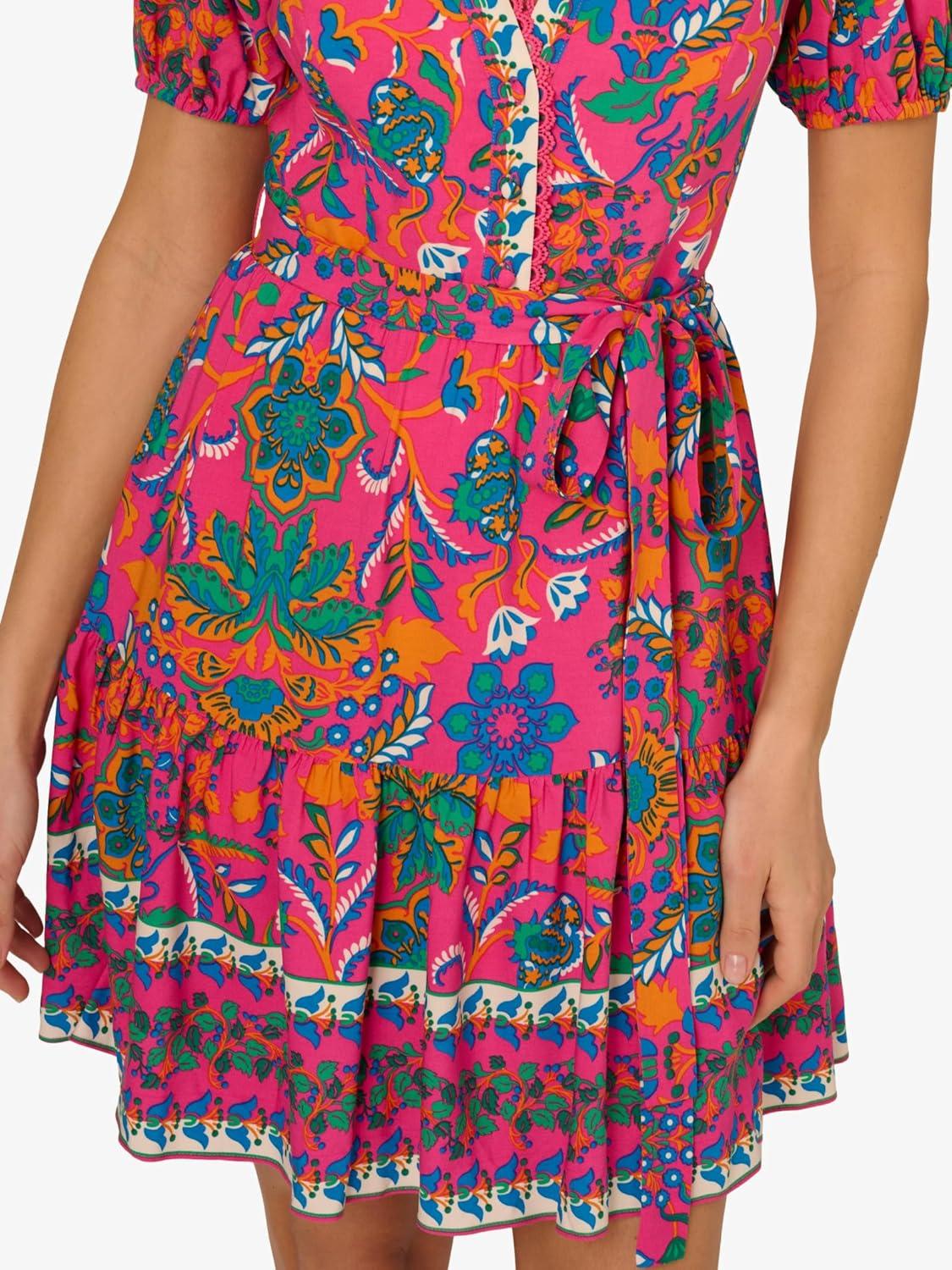 imageAdrianna Papell Womens Printed Short Flounce DressHot PinkMulti