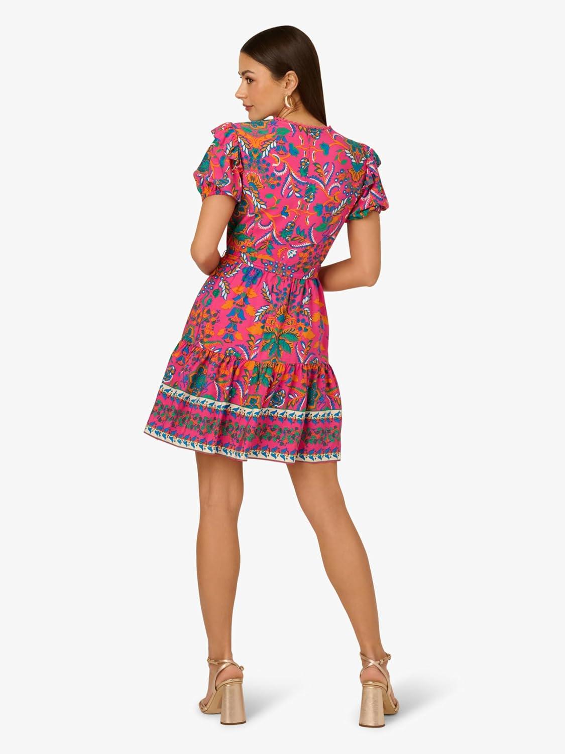 imageAdrianna Papell Womens Printed Short Flounce DressHot PinkMulti