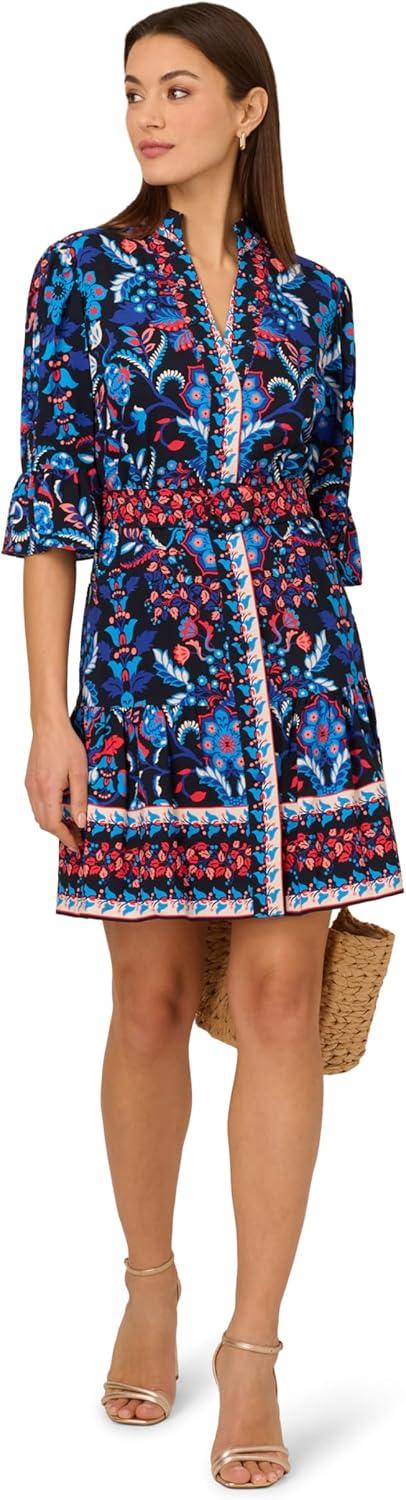 imageAdrianna Papell Womens Printed Short Flounce DressNavy Multi