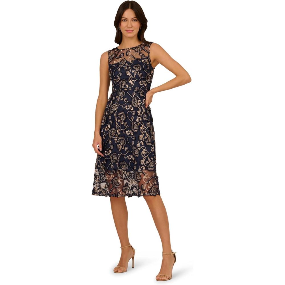 imageAdrianna Papell Womens Embroidered Midi DressNavyRosegold