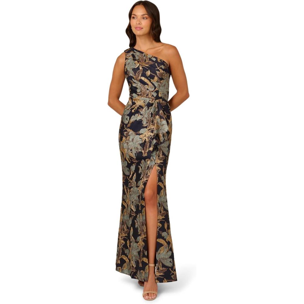 imageAdrianna Papell Womens One Shoulder Jacquard DressBlueGold