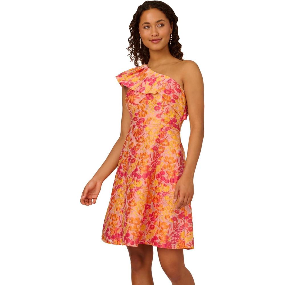 imageAdrianna Papell Womens One Shoulder Jacquard DressOrange Multi