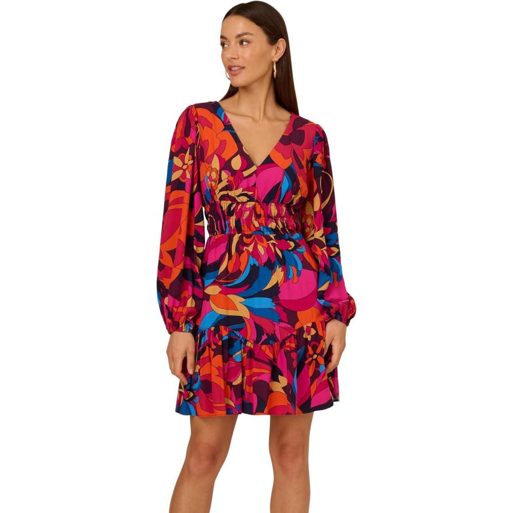 imageAdrianna Papell Womens Printed Short Flounce DressBerry Multi