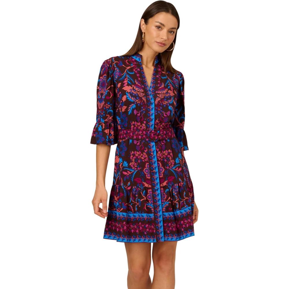 imageAdrianna Papell Womens Printed Short Flounce DressBrown Multi