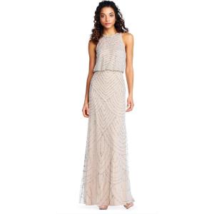 imageAdrianna Papell Womens Halter Blouson Beaded GownSilverNude