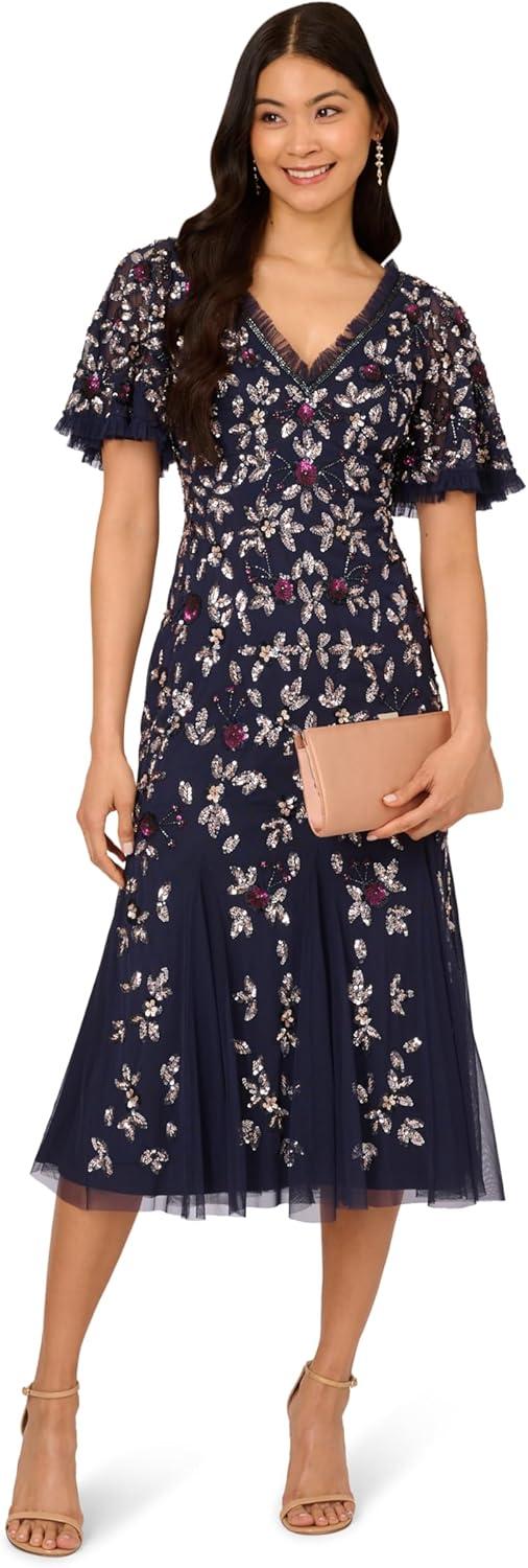 imageAdrianna Papell Womens Beaded Mesh Midi DressLight Navy