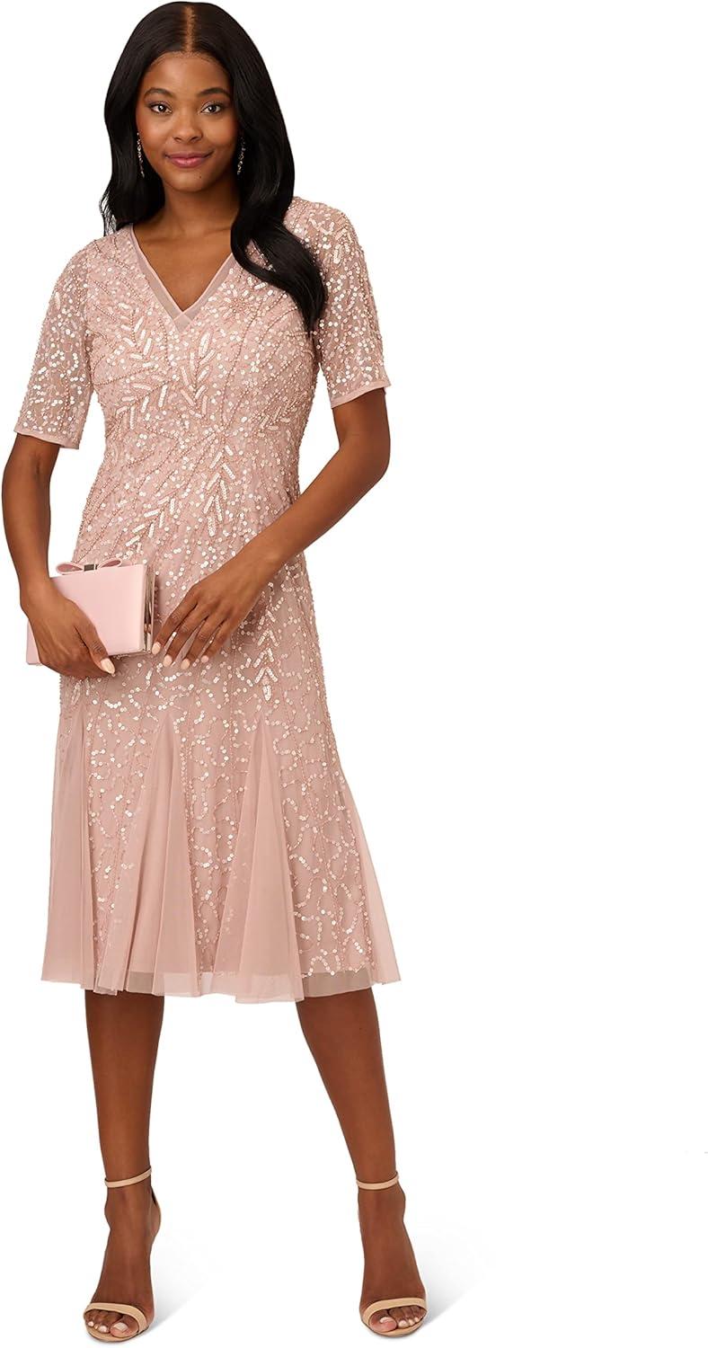 imageAdrianna Papell Womens Beaded Midi Dress with GodetsSteel Rose