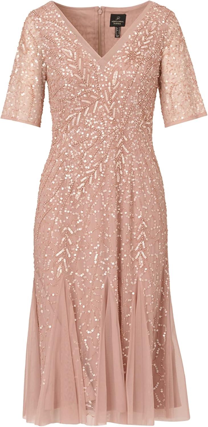 imageAdrianna Papell Womens Beaded Midi Dress with GodetsSteel Rose