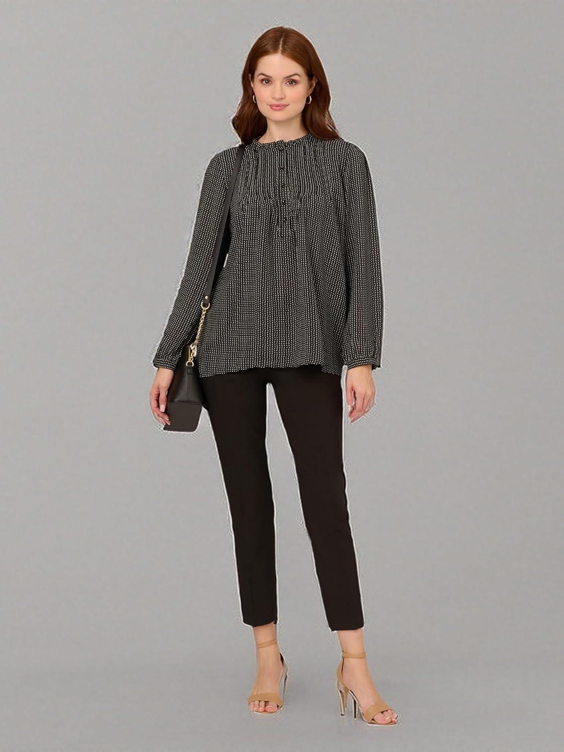 imageAdrianna Papell Womens Pintuck Button Down BlouseBlack Seed Dot