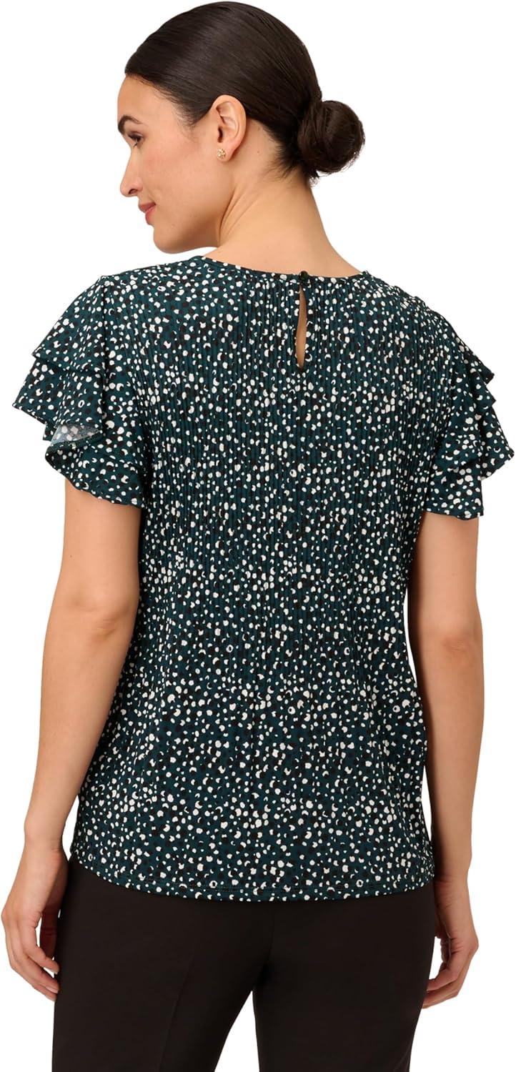 imageAdrianna Papell Womens Pleated Knit Double Sleeve TopDark Evergreen Brushed Dot