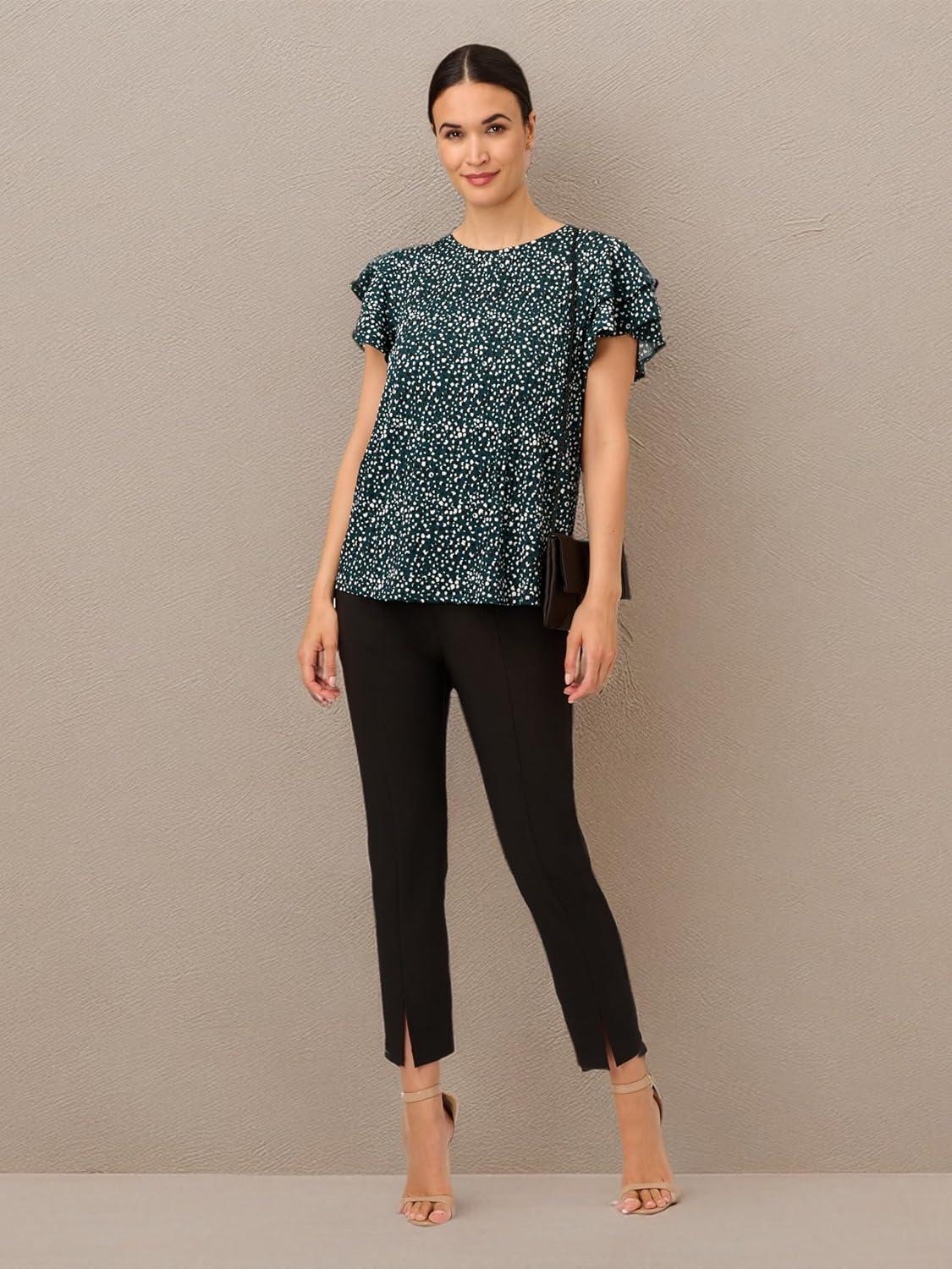 imageAdrianna Papell Womens Pleated Knit Double Sleeve TopDark Evergreen Brushed Dot