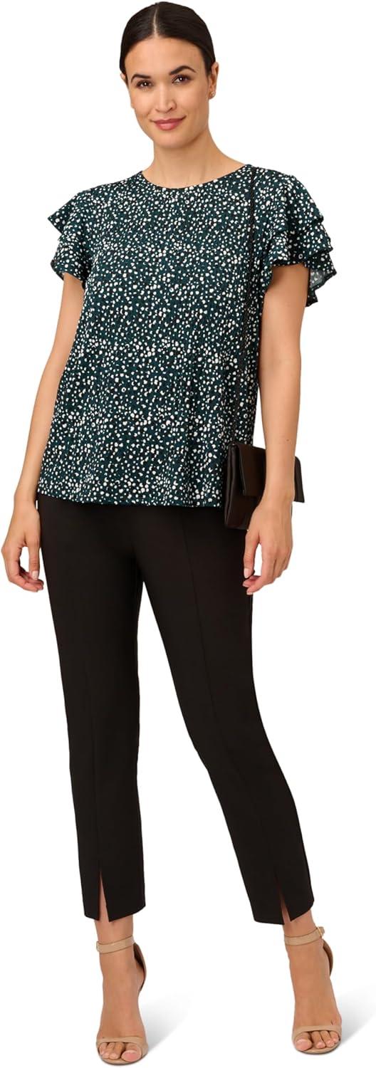 imageAdrianna Papell Womens Pleated Knit Double Sleeve TopDark Evergreen Brushed Dot