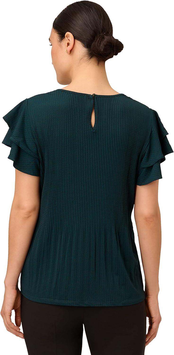 imageAdrianna Papell Womens Pleated Knit Double Sleeve TopDark EvergreenBlack Seed Dot