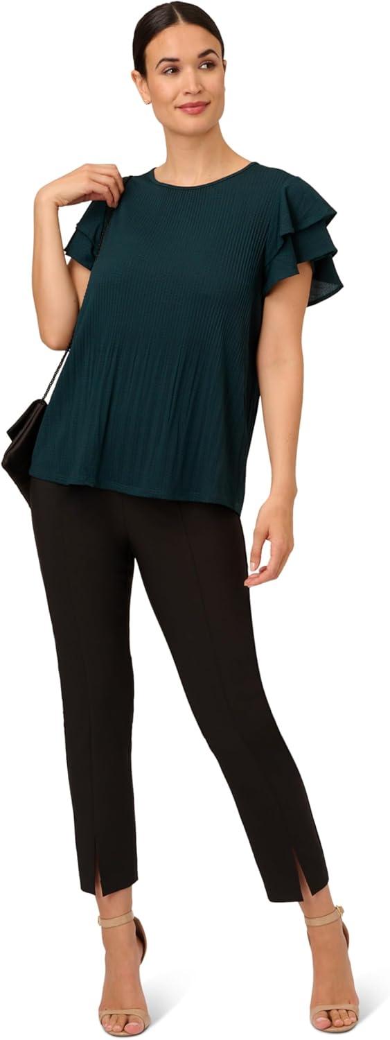 imageAdrianna Papell Womens Pleated Knit Double Sleeve TopDark EvergreenBlack Seed Dot