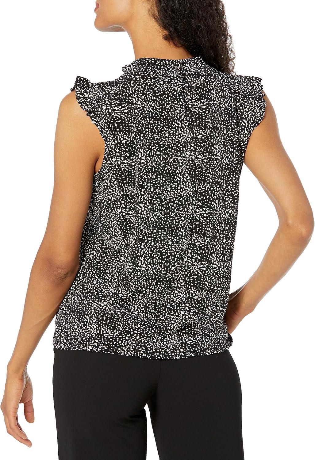 imageAdrianna Papell Womens Ruffle Mock Neck TankBlack Abstract Spots