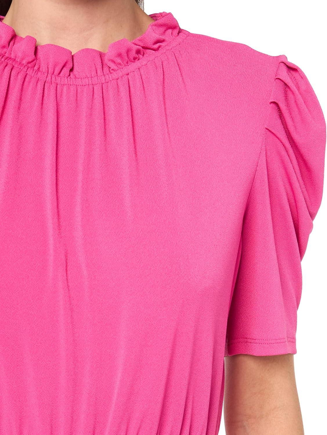 imageAdrianna Papell Womens Solid Knit Ruffle Neck Pleated Sleeve Midi DressAzalea Pink