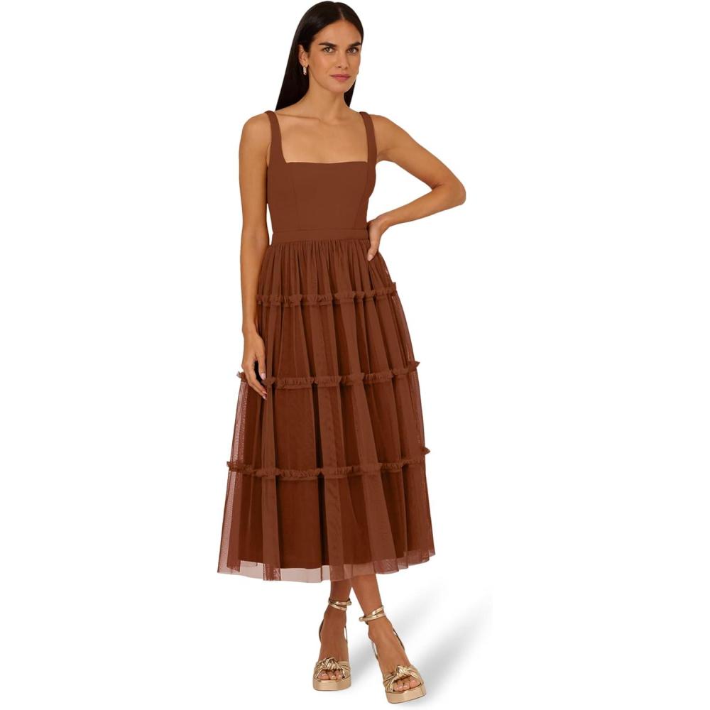 imageAdrianna Papell Womens Knit and Mesh Midi DressTimber