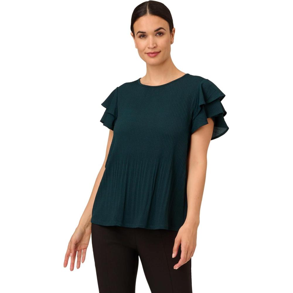 imageAdrianna Papell Womens Pleated Knit Double Sleeve TopDark EvergreenBlack Seed Dot