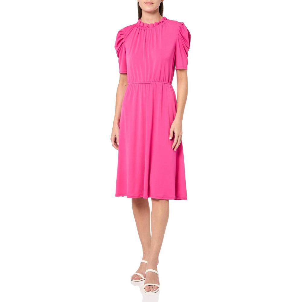 imageAdrianna Papell Womens Solid Knit Ruffle Neck Pleated Sleeve Midi DressAzalea Pink