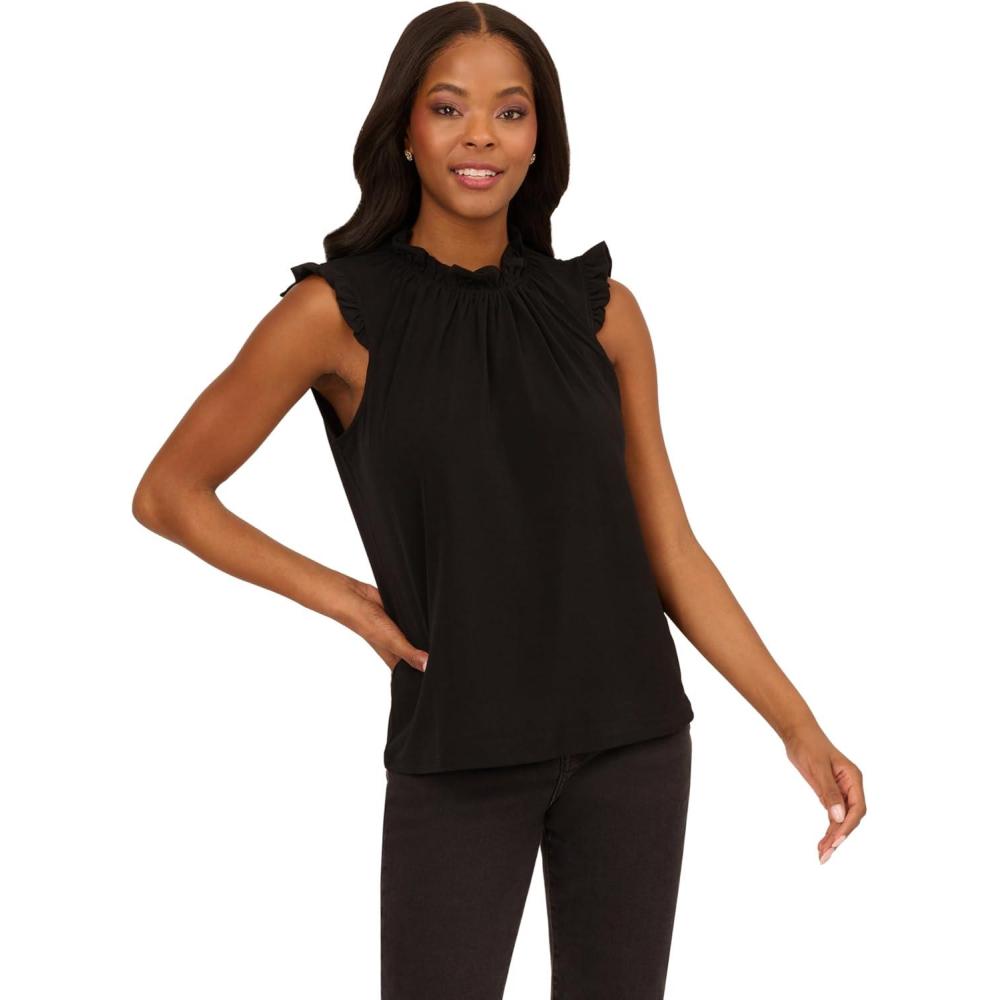 imageAdrianna Papell Womens Solid Ruffle Neck TankBlack