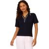 imageAdrianna Papell Womens Open VNeck Polo Mix Rib Cable Sweater with Short SleevesNavyIvory