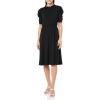 imageAdrianna Papell Womens Solid Knit Ruffle Neck Pleated Sleeve Midi DressBlack