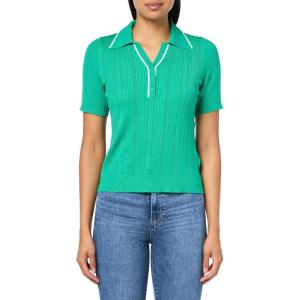 imageAdrianna Papell Womens Open VNeck Polo Mix Rib Cable Sweater with Short SleevesSimply GreenIvory