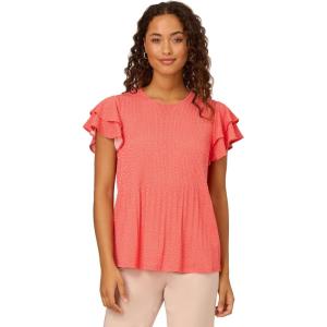 imageAdrianna Papell Womens Pleated Knit Double Sleeve TopSugar Coral Ivory Broken Dot
