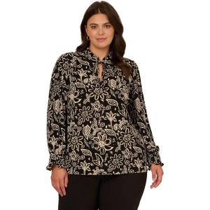 imageAdrianna Papell Womens Plus Size Ruffle Tieneck Long Sleeve TopBlackIvory Pretty Floral