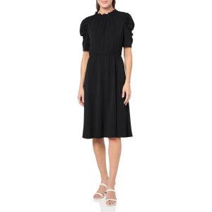 imageAdrianna Papell Womens Solid Knit Ruffle Neck Pleated Sleeve Midi DressBlack