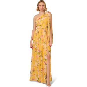 imageAdrianna Papell Floral Print Chiffon Gown with One Shoulder NecklineYellow Multi
