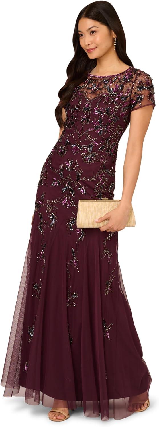 imageAdrianna Papell Womens Beaded Godet Long DressDeep Amethyst