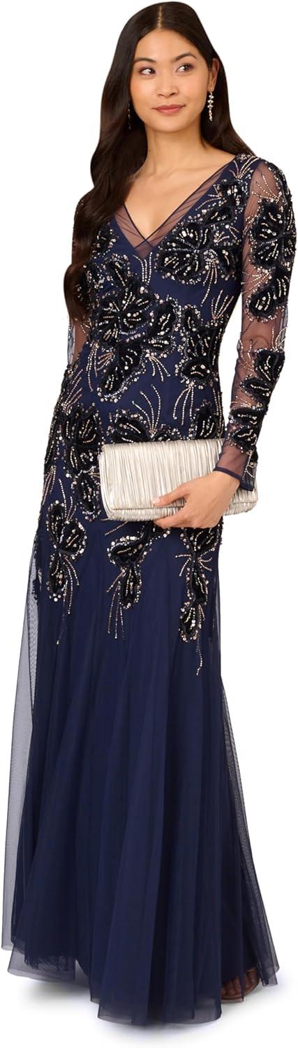 imageAdrianna Papell Womens Beaded Mesh Velvet Long DressLight Navy