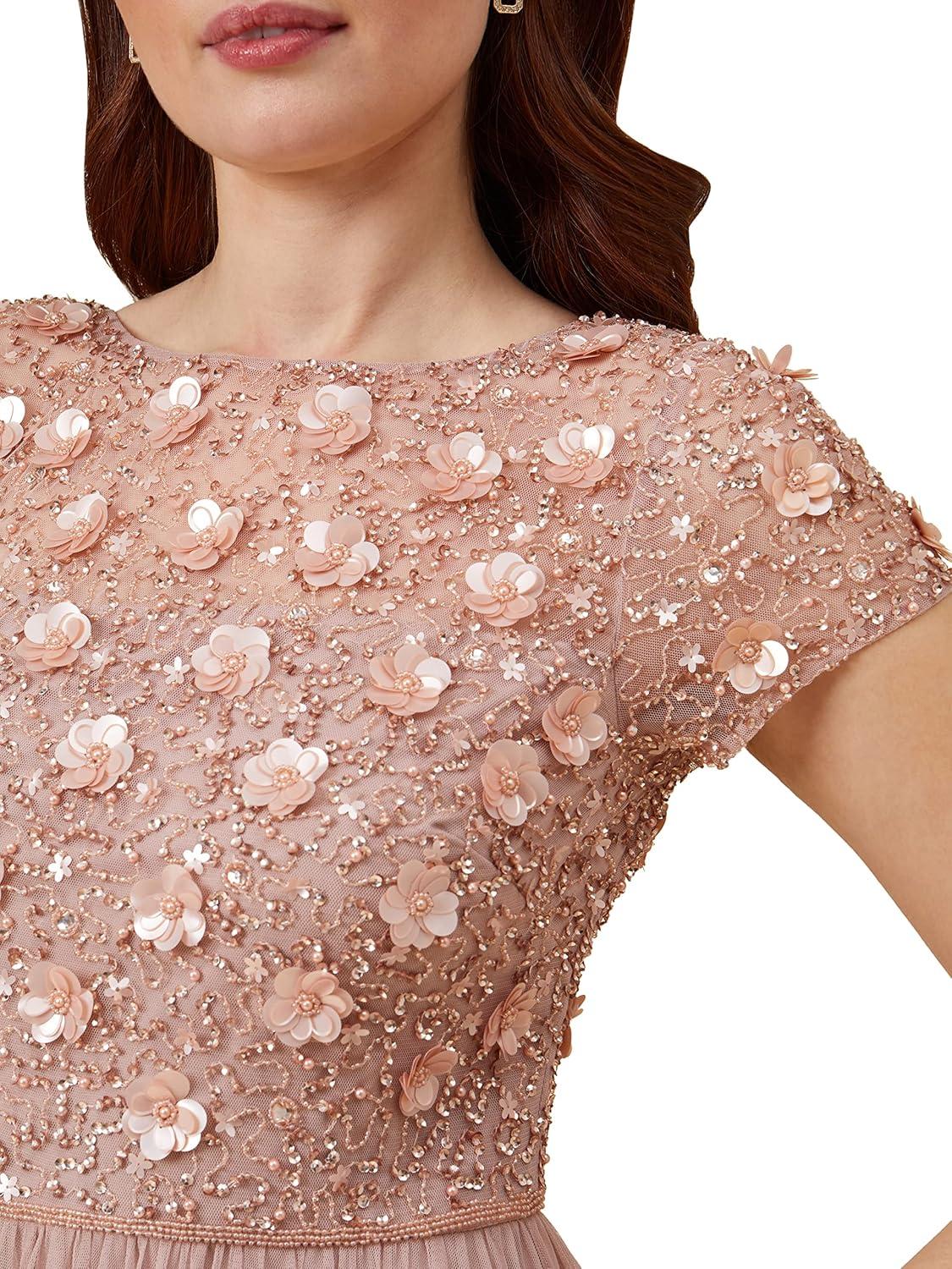 imageAdrianna Papell Womens Floral Beaded Top with TulleSteel Rose