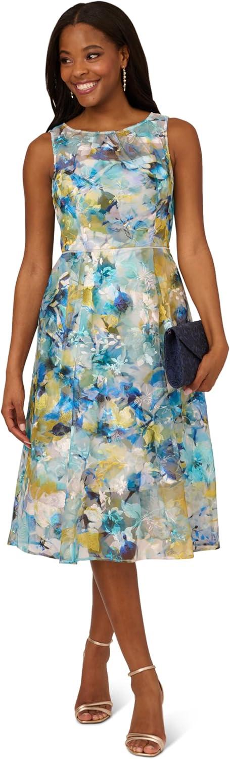 imageAdrianna Papell Womens Floral Printed Veiled DressBlueIvory Multi