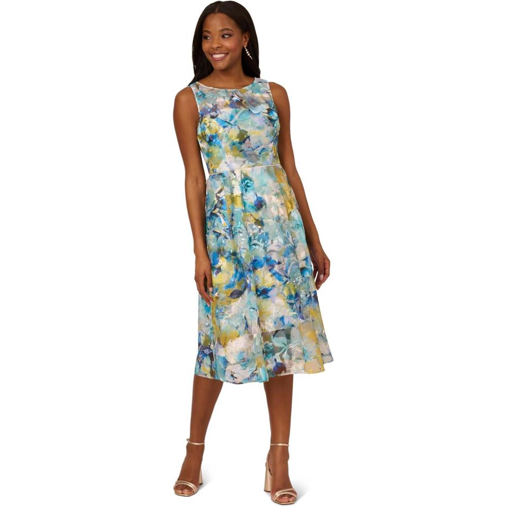 imageAdrianna Papell Womens Floral Printed Veiled DressBlueIvory Multi