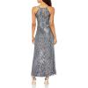 image:imageAidan Mattox Womens Beaded Gown with Train and Spaghetti StrapsGunmetal
