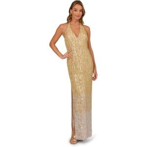 image:imageAdrianna Papell Beaded Halter Long Dress SilverGold