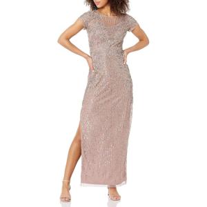 image:imageAidan by Aidan Mattox Womens Short Sleeve Beaded Illusion Yoke Column GownTaupe