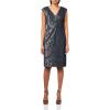 image:imageAdrianna Papell Womens Extended Shoulder Metallic Jacquard Modern Sheath DressNavy Sateen