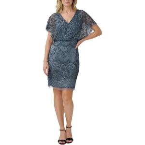 image:imageAdrianna Papell Womens Beaded Mesh Blouson DressDusty Blue