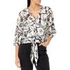 image:imageAdrianna Papell Womens Printed VNeck Long Sleeve Top WTie FrontBlack Imprint Floral