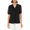 image:imageAdrianna Papell Womens Solid Knit VNeck Clip Dot Chiffon TopBlack