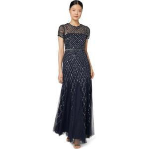 image:imageAdrianna Papell Womens ShortSleeve Grid Beaded GownNavy